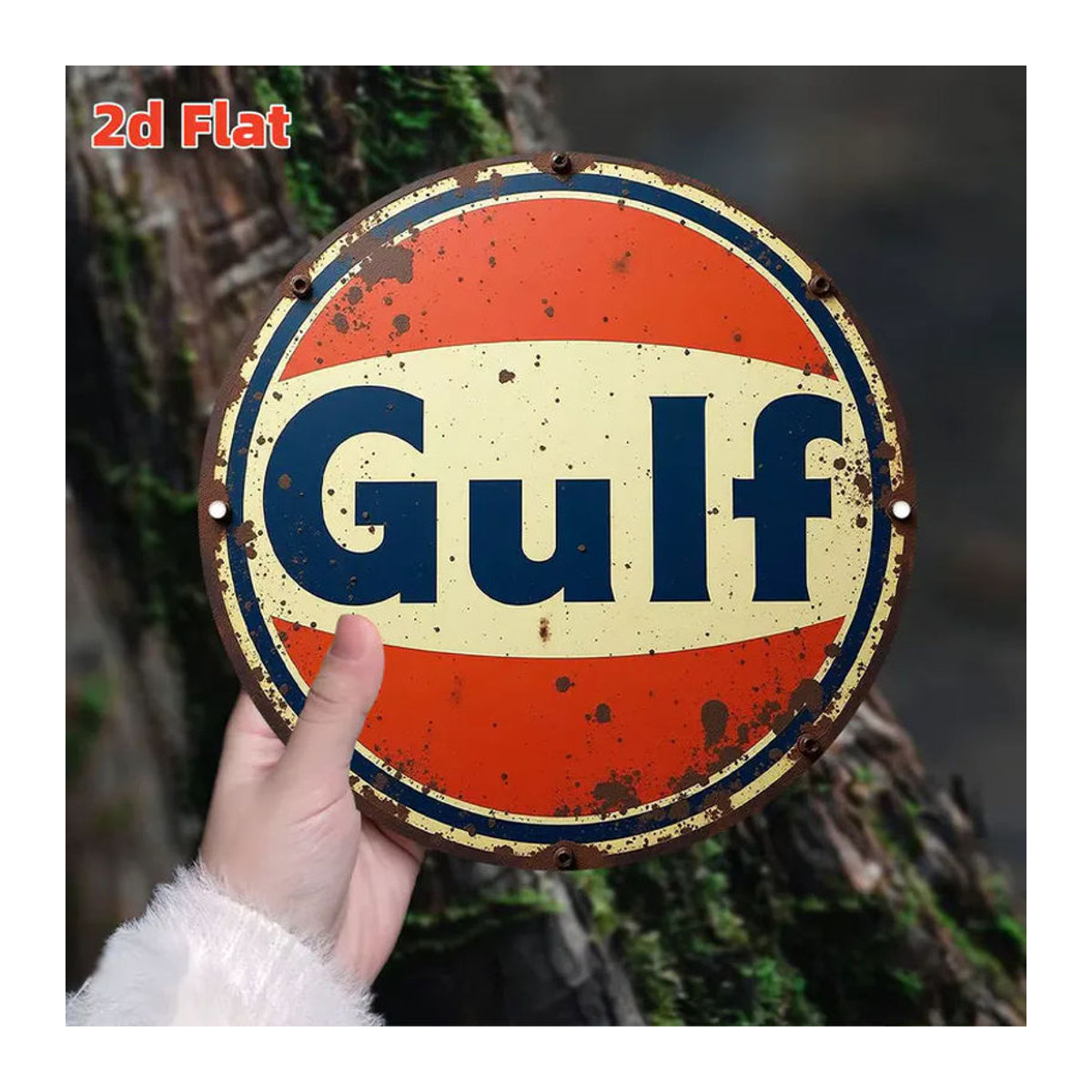 Vintage Gulf Metall-Wandschild rund, mehrfarbiges Retro-Öl-Logo als Wanddekoration für Garage und Männerhöhle - Bild 3
