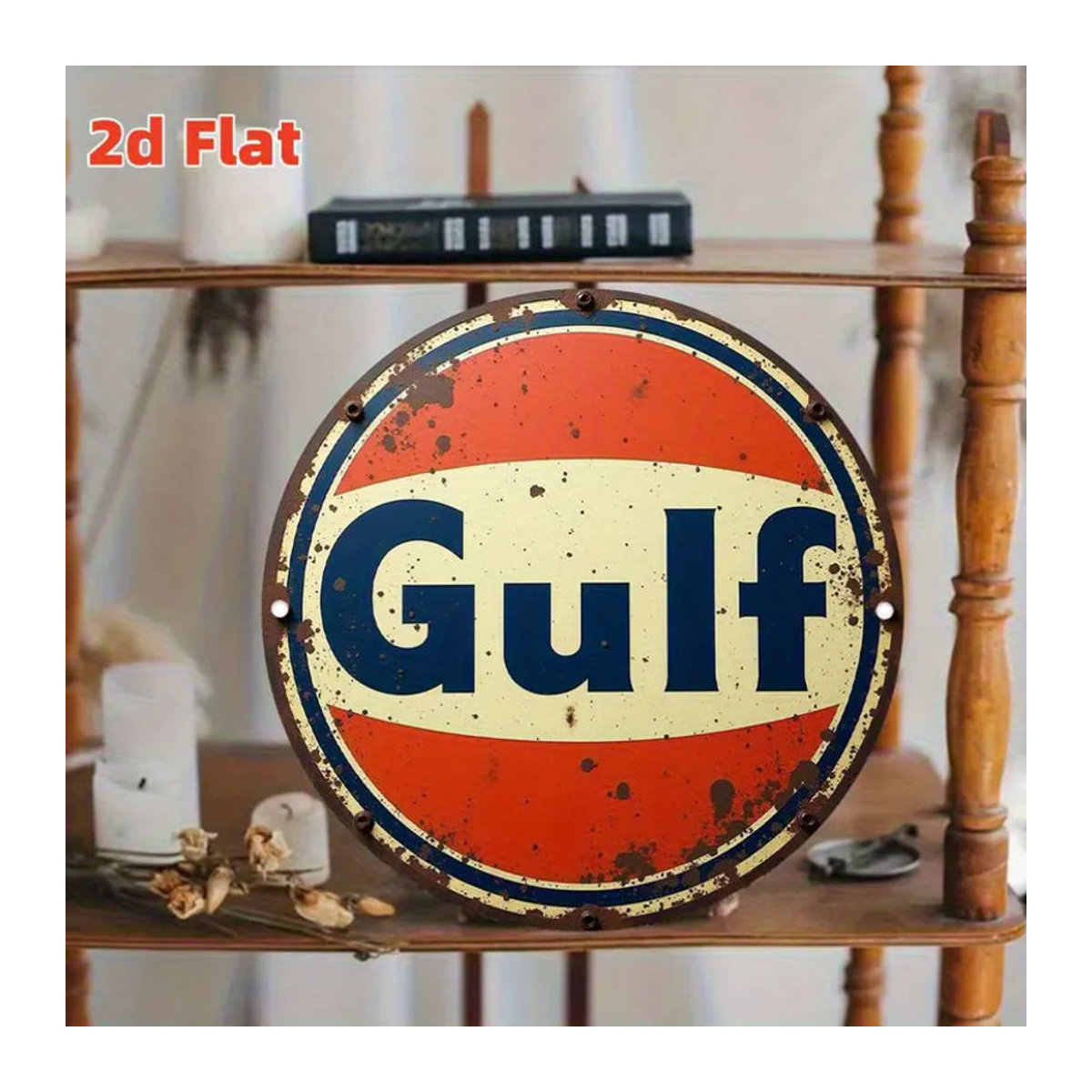 Vintage Gulf Metall-Wandschild rund, mehrfarbiges Retro-Öl-Logo als Wanddekoration für Garage und Männerhöhle - Bild 4