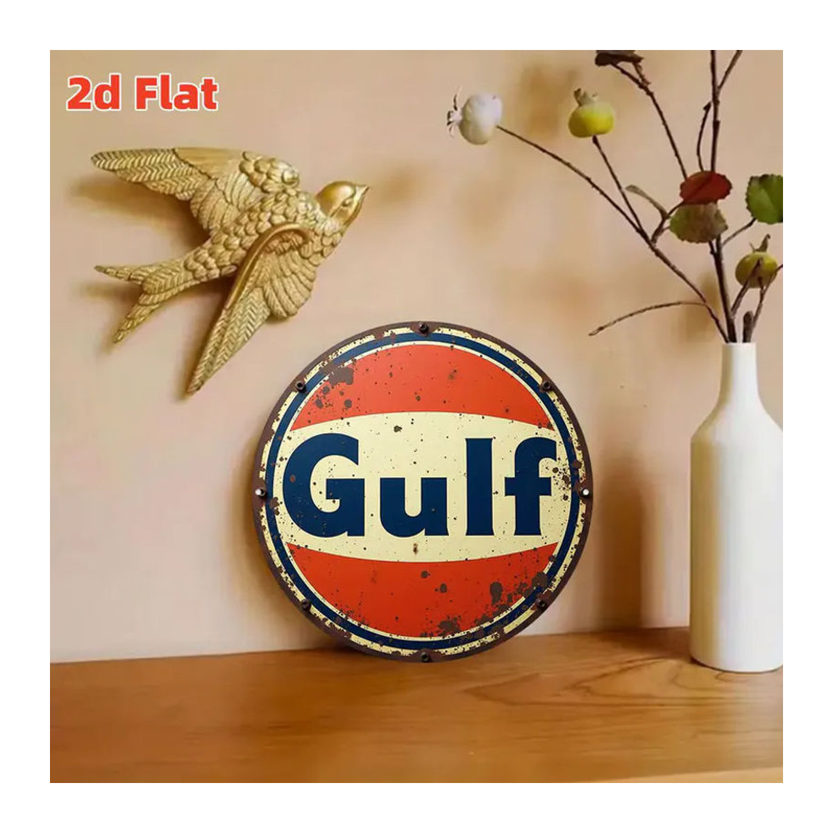 Vintage Gulf Metall-Wandschild rund, mehrfarbiges Retro-Öl-Logo als Wanddekoration für Garage und Männerhöhle - Bild 5