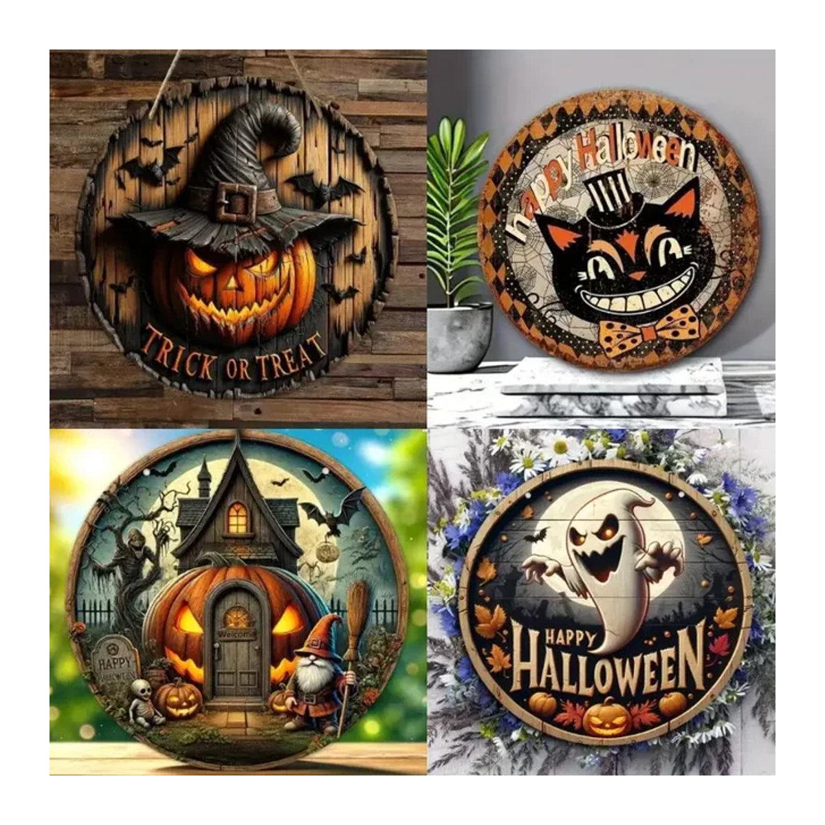 Vintage Halloween Holz-Kranz mit Hexe und Kürbis für Dekoration in Küche, Garten oder Veranda - Bild 1
