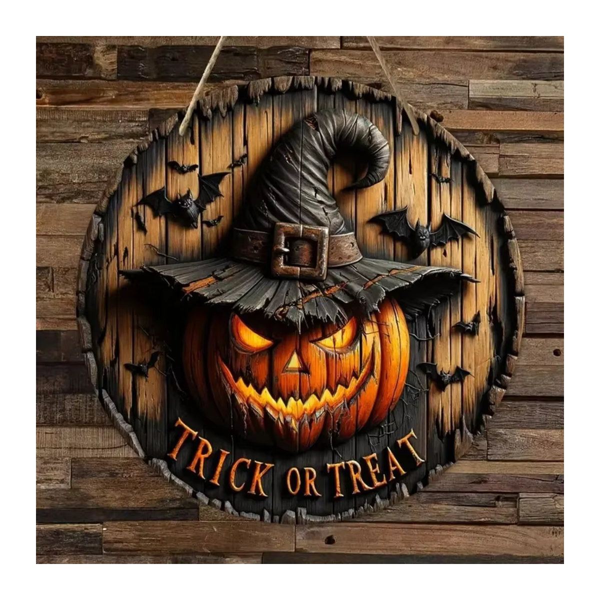 Vintage Halloween Holz-Kranz mit Hexe und Kürbis für Dekoration in Küche, Garten oder Veranda - Bild 2