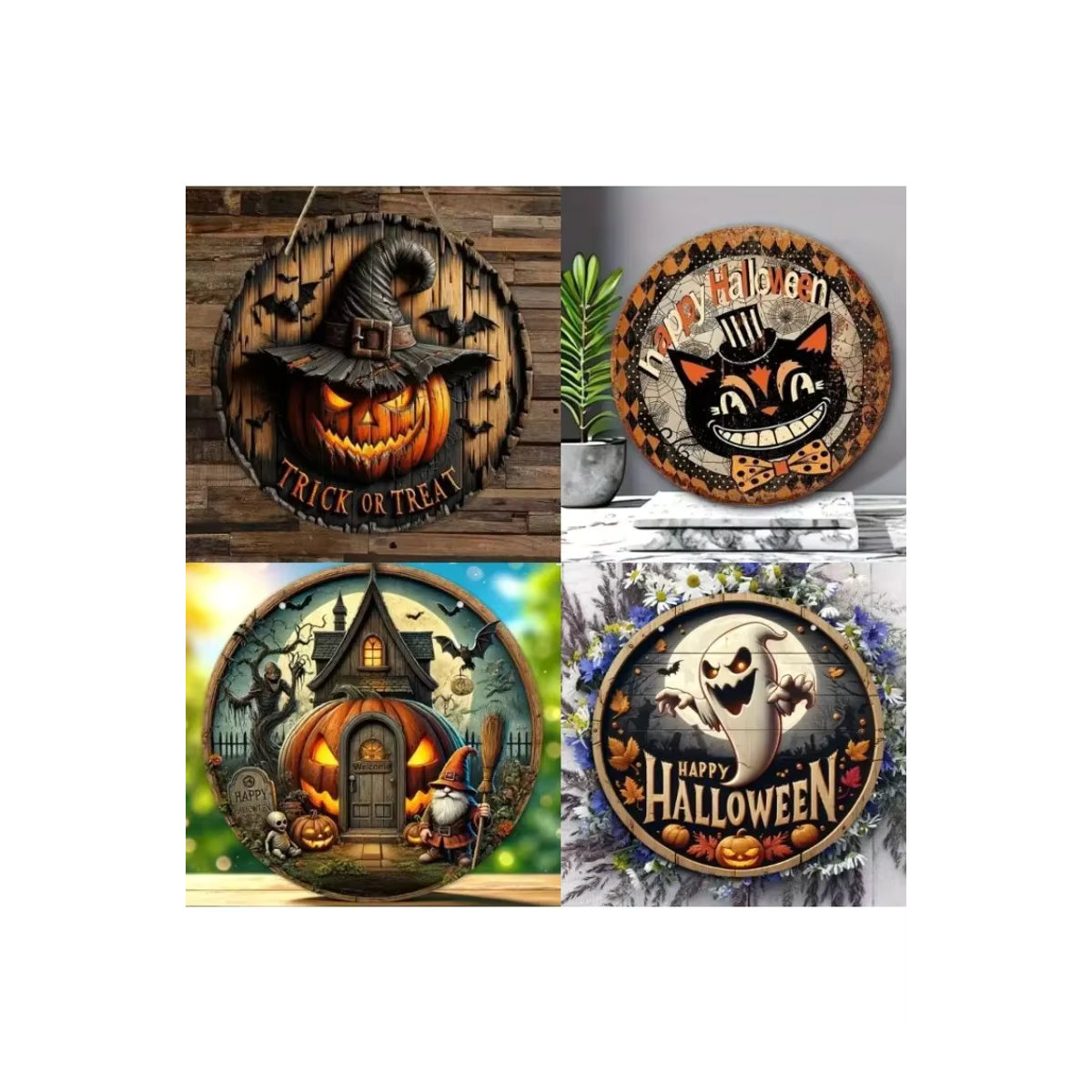 Vintage Halloween Holz-Kranz mit Hexe und Kürbis für Dekoration in Küche, Garten oder Veranda - Bild 3