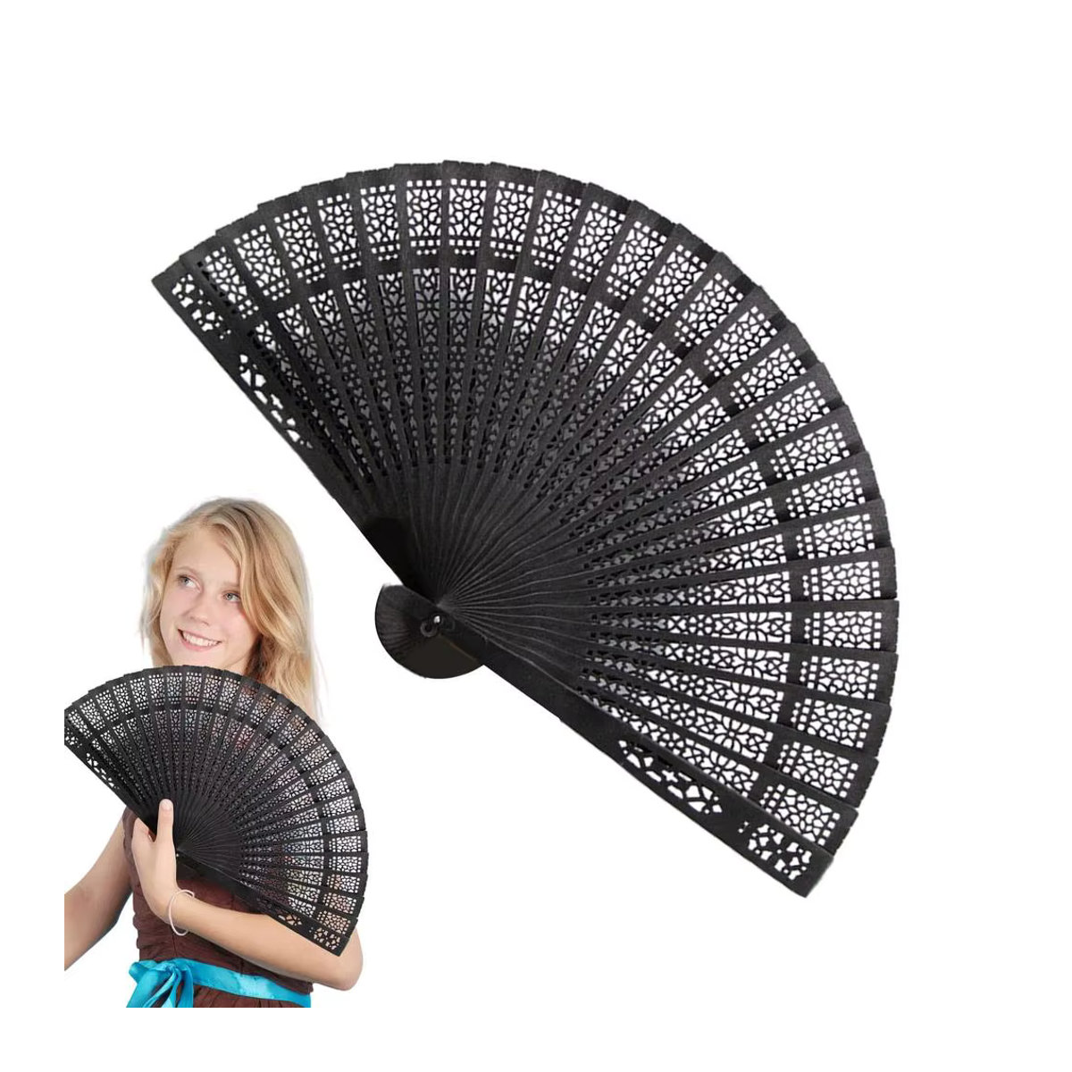 Vintage hohler chinesischer Faltfächer in Schwarz als dekorative Hochzeitsdekoration und Foto-Requisite - Bild 5