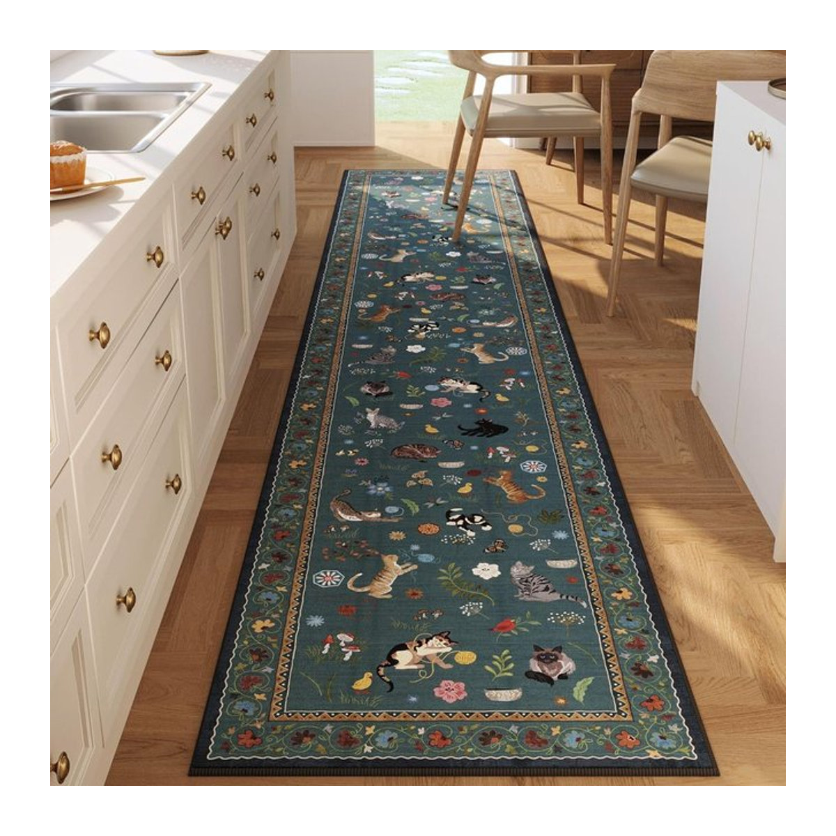 Vintage Katzenläufer Teppich mit buntem Kätzchen- und Blumendruck, rutschfeste Tier-Fußmatte für Flur und Eingangsbereich, B/L: 40 x 120 cm - Bild 1