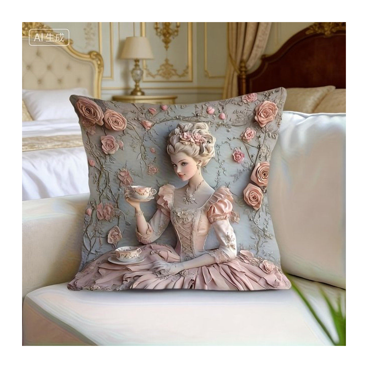 Vintage Kissenhülle im französischen Rokoko-Stil mit Rosen-Blumen-Druck für Sofa und Bett, B/B/H: 18 x 18 x 18 cm - Bild 1