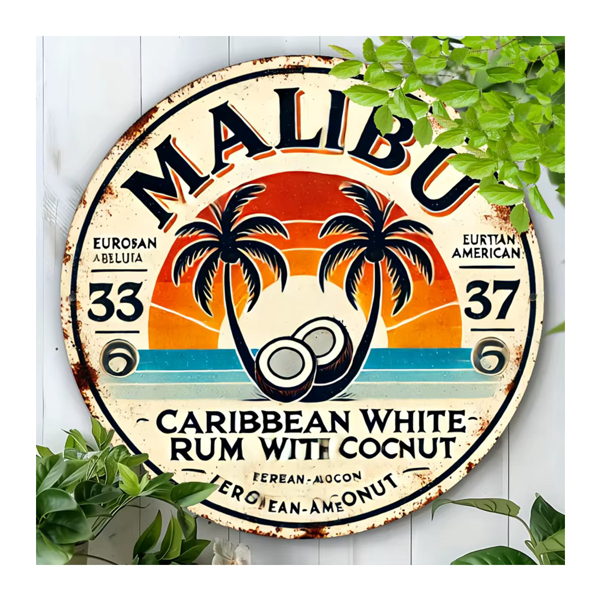 Vintage Malibu Rum Metall-Wandschild mit tropischem Landschaftsdesign in Schwarz und Mehrfarbig - Bild 2