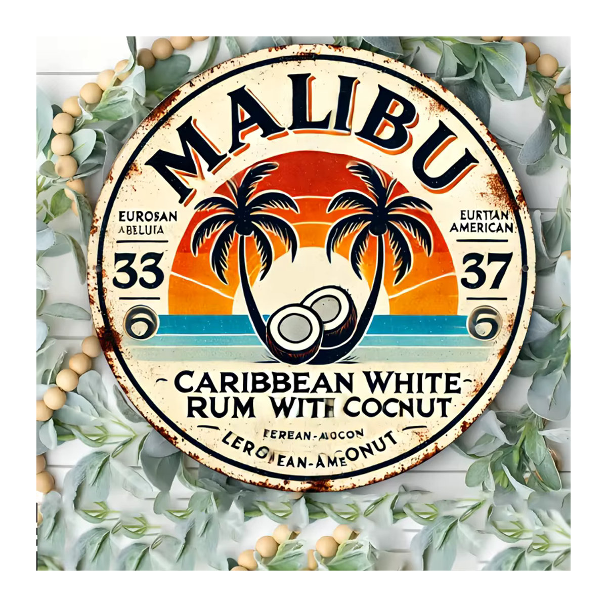 Vintage Malibu Rum Metall-Wandschild mit tropischem Landschaftsdesign in Schwarz und Mehrfarbig - Bild 3