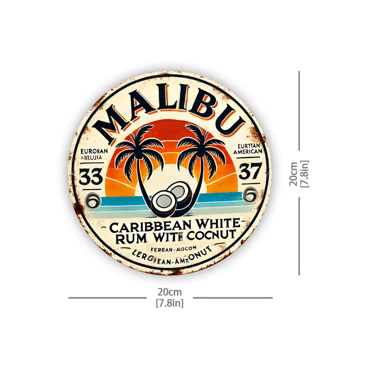 Vintage Malibu Rum Metall-Wandschild mit tropischem Landschaftsdesign in Schwarz und Mehrfarbig - Bild 4