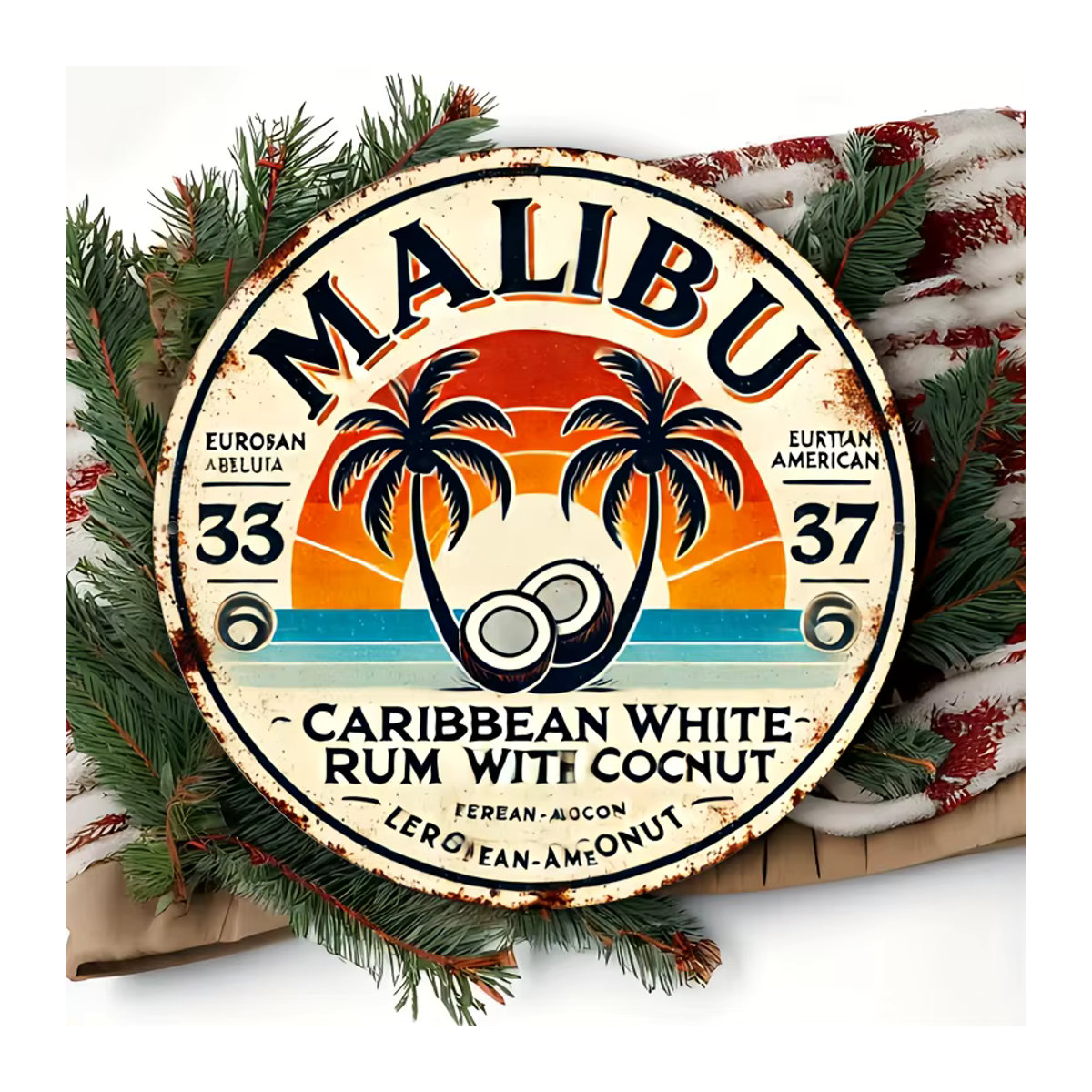 Vintage Malibu Rum Metall-Wandschild mit tropischem Landschaftsdesign in Schwarz und Mehrfarbig - Bild 5