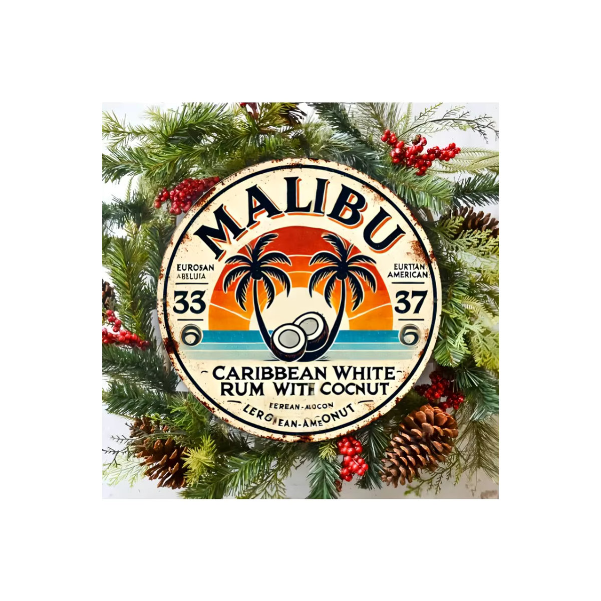 Vintage Malibu Rum Metall-Wandschild mit tropischem Landschaftsdesign in Schwarz und Mehrfarbig - Bild 6