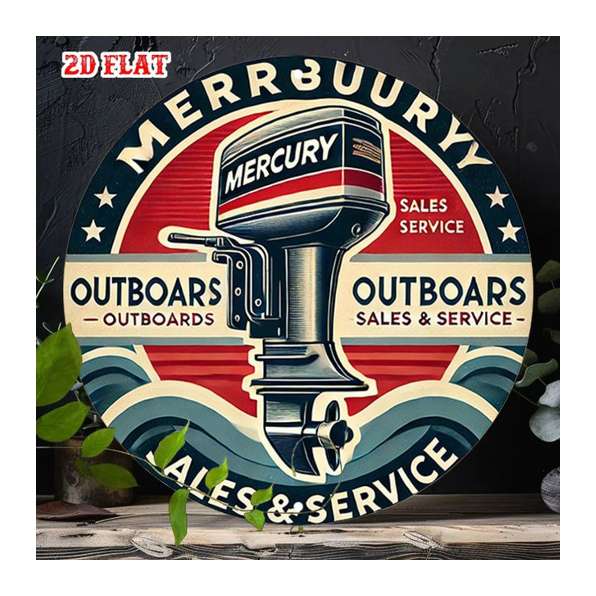 Vintage Mercury Außenbordmotor Wanddeko aus Metall in Rot und Blau im maritimen Design - Bild 1