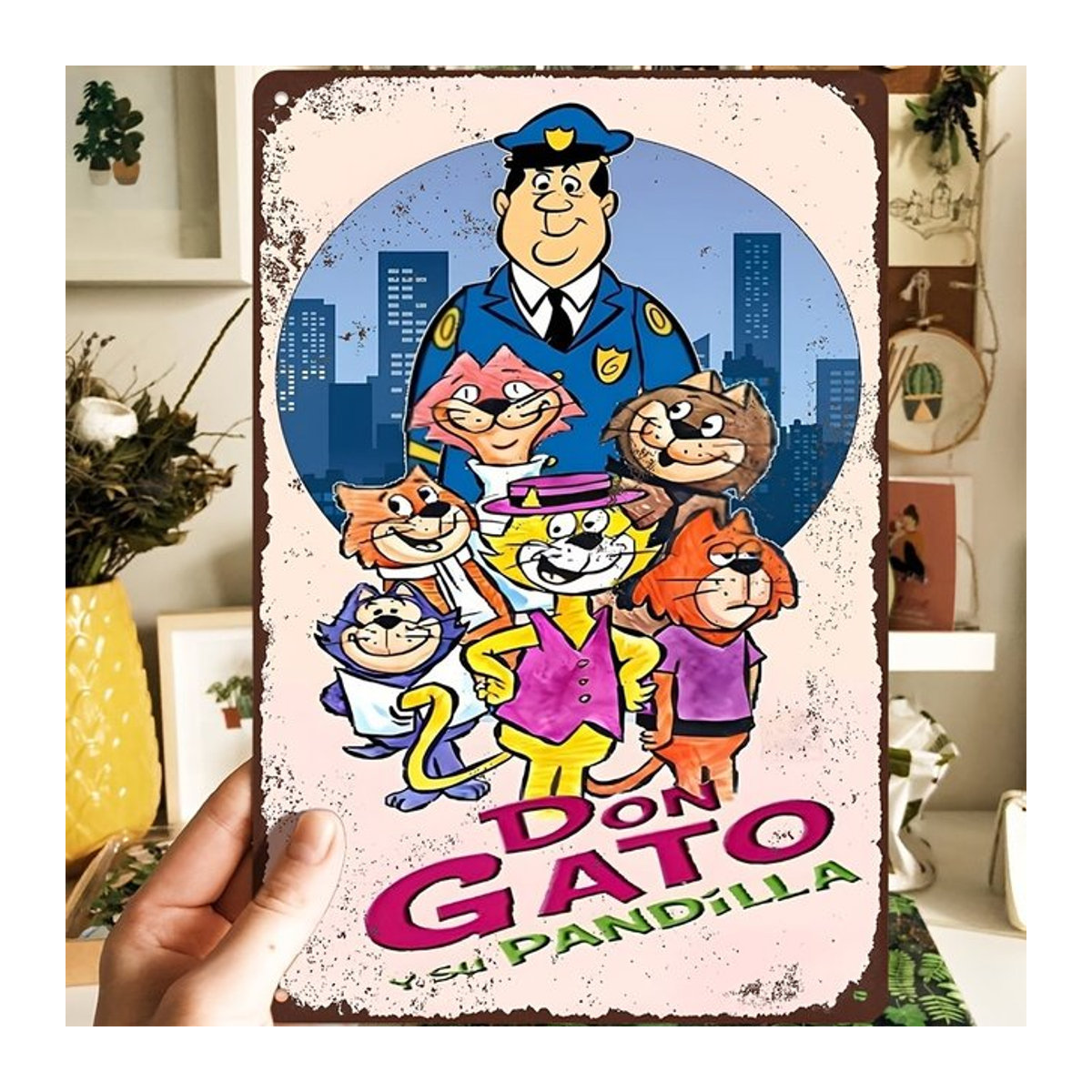 Vintage Metallblechschild Hello Young Don Gato Y Su Pandilla Wandkunst Multicolor - Bild 1