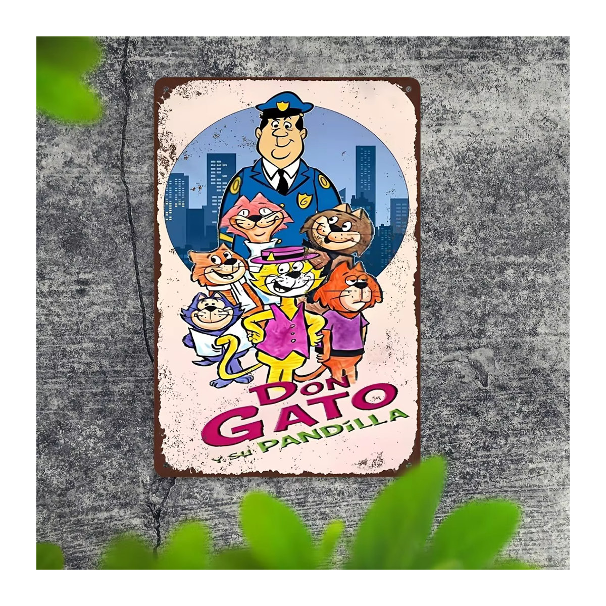 Vintage Metallblechschild Hello Young Don Gato Y Su Pandilla Wandkunst Multicolor - Bild 3