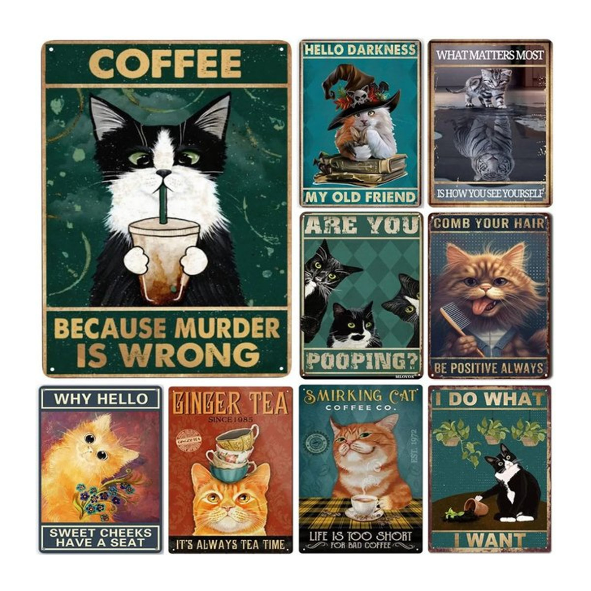 Vintage Metallschild CIFBUY Katze Kaffee Wanddekoration mit Typografie in Mehrfarbig - Bild 1