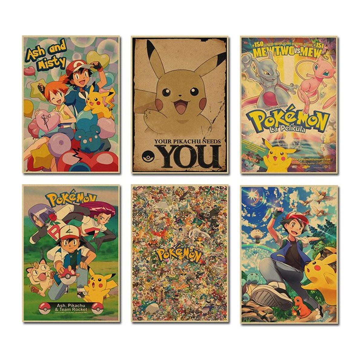 Vintage Pokemon Wandbild mit Pikachu, Squirtle und Bulbasaur als Leinwanddruck von Keeppley in mehrfarbigem Design für die Kinderzimmer Dekoration - Bild 1