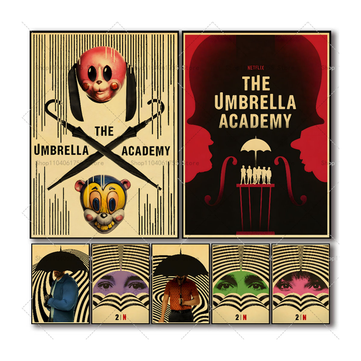 Vintage Regenschirm Akademie Filmplakat als selbstklebender wasserdichter Papier Aufkleber zur Wanddekoration - Bild 1