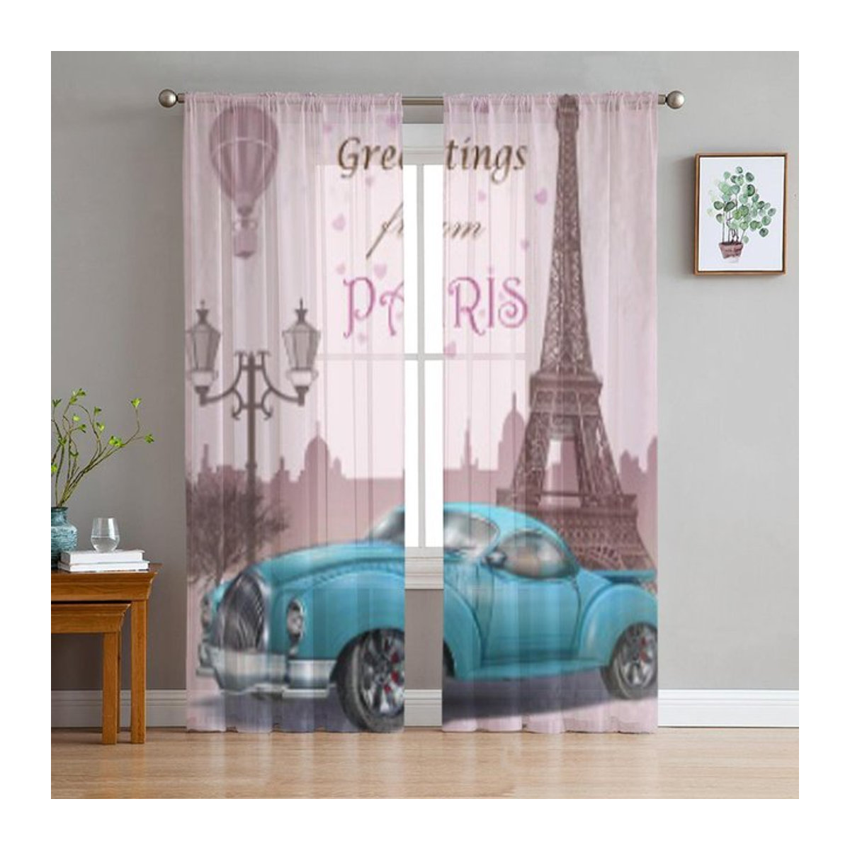 Vintage Touristic Grußkarte Transparent Voile Gardine für Wohnzimmer, Schlafzimmer und Küche, B: 135 cm, H: 114 cm - Bild 1