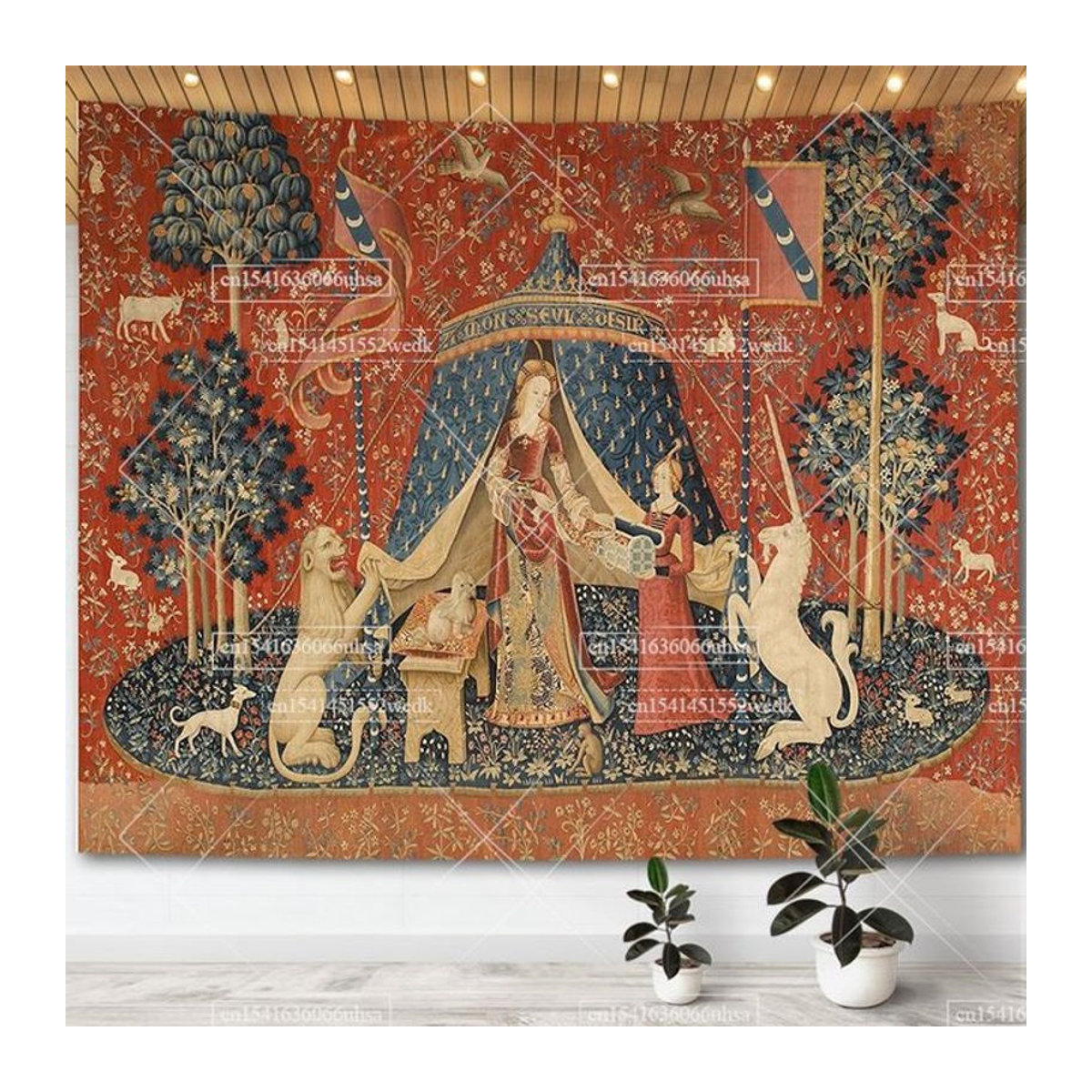 Vintage Wandteppich Dame und das Einhorn mehrfarbig als mittelalterlicher Wandbehang aus Textil - Bild 1