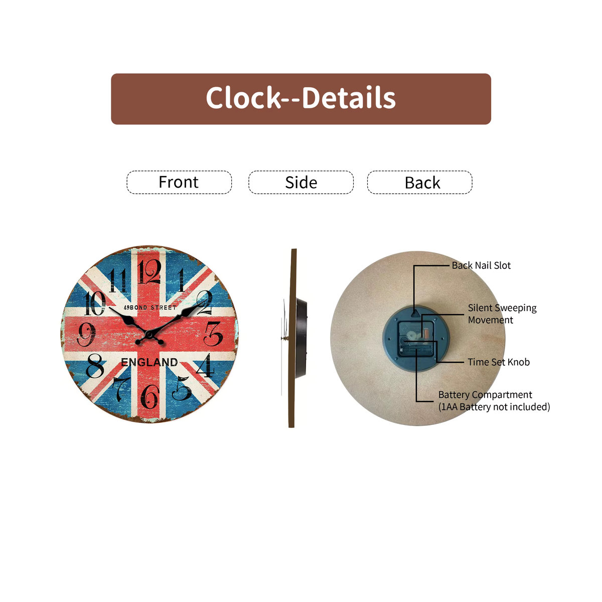 Vintage Wanduhr aus Holz mit Union Jack Design und lautlosem Mechanismus - Bild 5