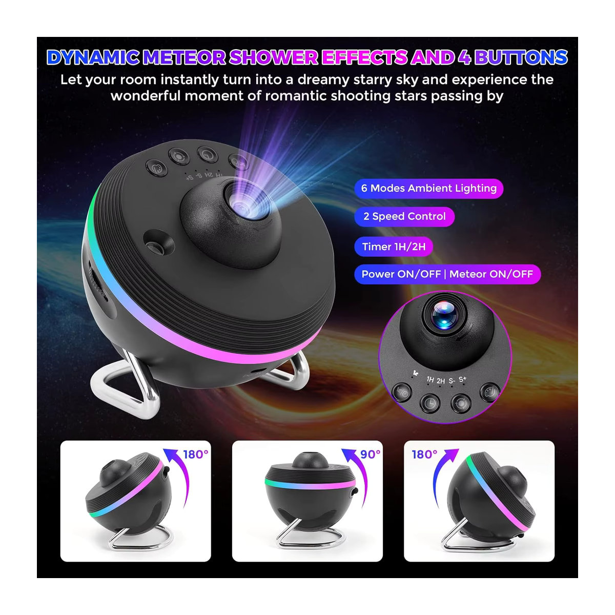 Visason Galaxy Meteor Projektor Nachtlichtlampe Schwarz 360 Grad rotierender 4K HD Sternenprojektor für Kinder und Erwachsene zur Raumdekoration - Bild 2
