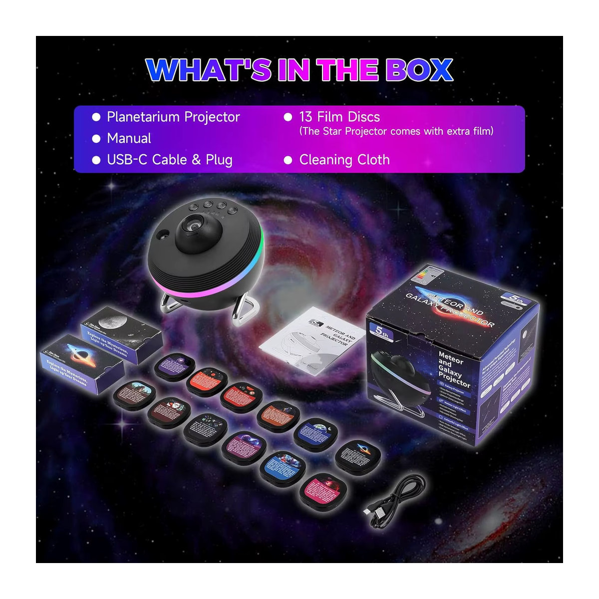 Visason Galaxy Meteor Projektor Nachtlichtlampe Schwarz 360 Grad rotierender 4K HD Sternenprojektor für Kinder und Erwachsene zur Raumdekoration - Bild 5
