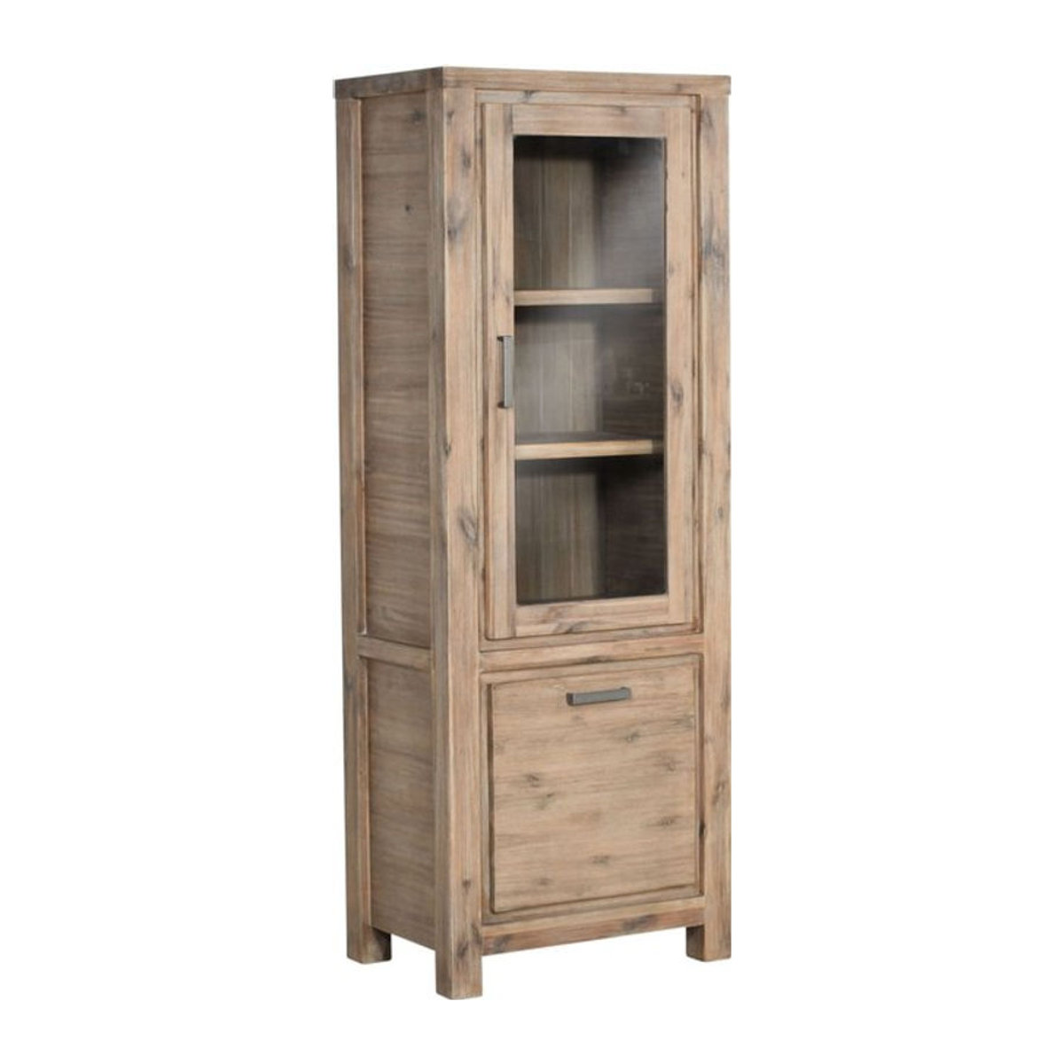 Vitrine TUNIS Vitrinenschrank von GUTMANN FACTORY aus Akazie und Holz in Beige Natur mit Glas im Landhausstil, H: 180 cm, B: 56 cm, T: 45 cm - Bild 1