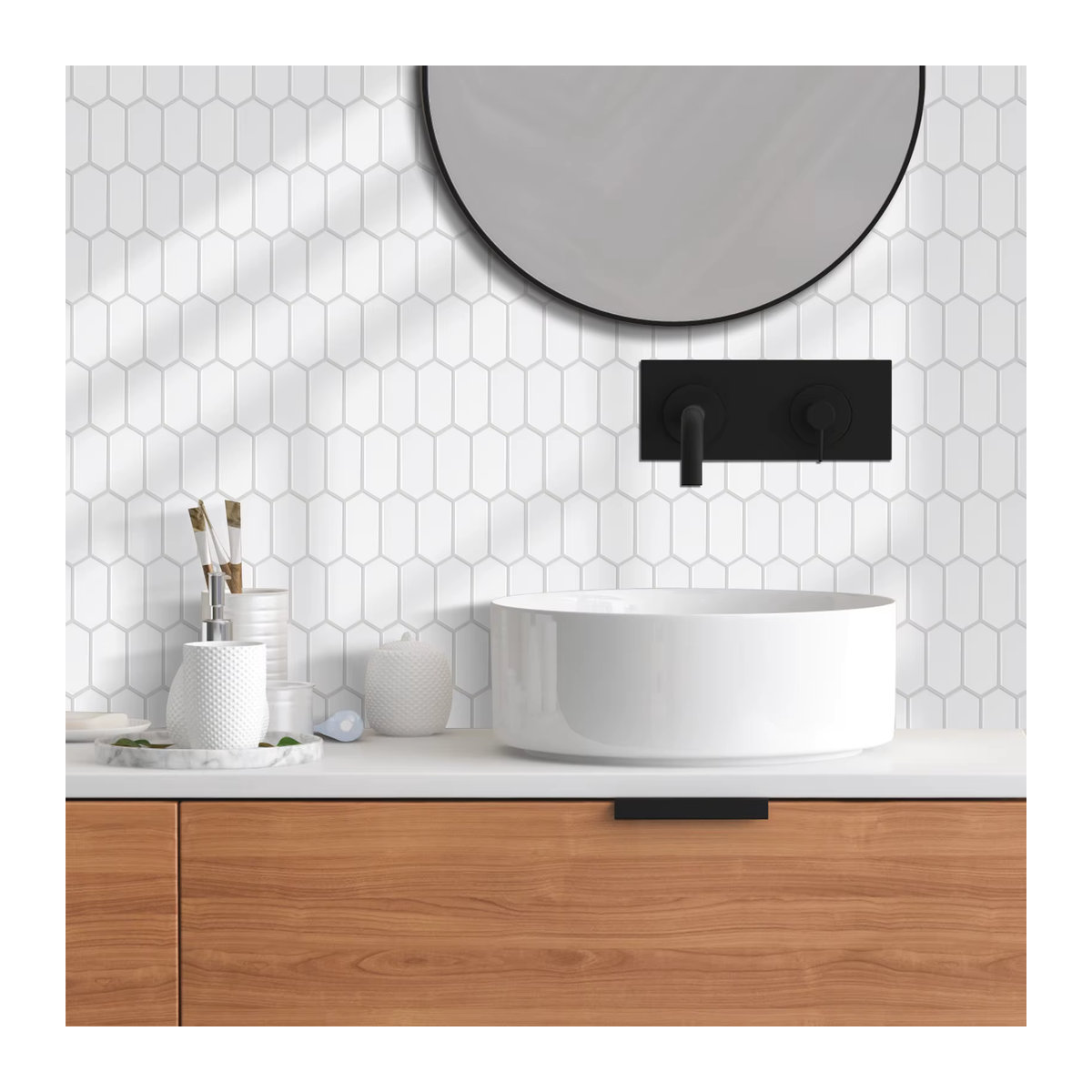 Vividtiles 10er Set 3D Ziegel Wandfliesen Selbstklebend Weiß Geometrisches Muster Wasserdicht und Temperaturbeständig - Bild 2
