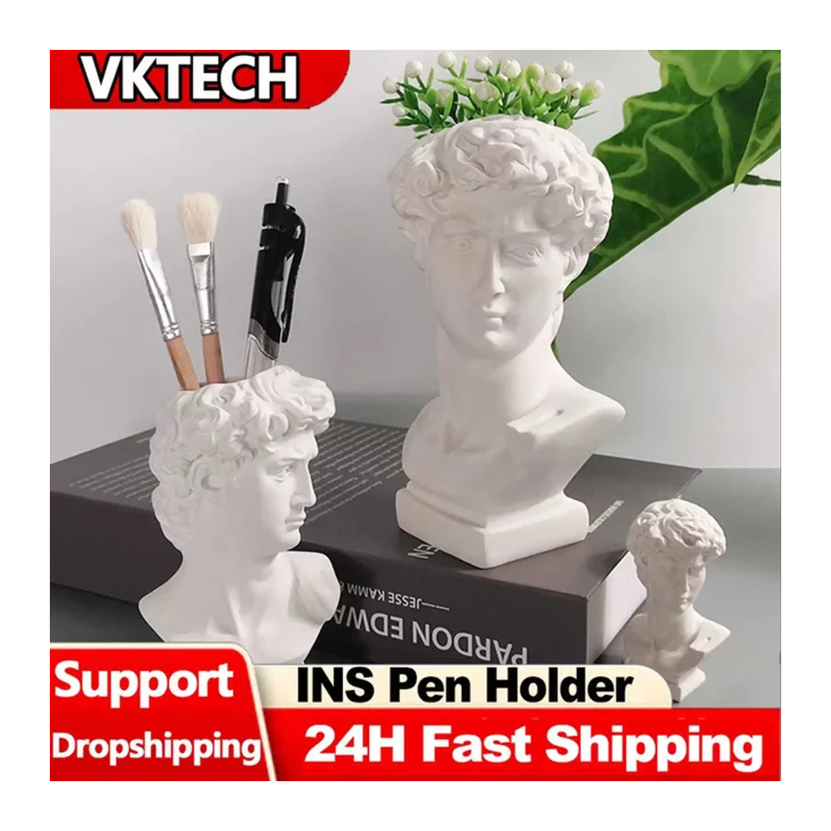 VKTECH David Skulptur aus Keramik in Weiß als kreativer Stifthalter und dekorative Vase - Bild 1