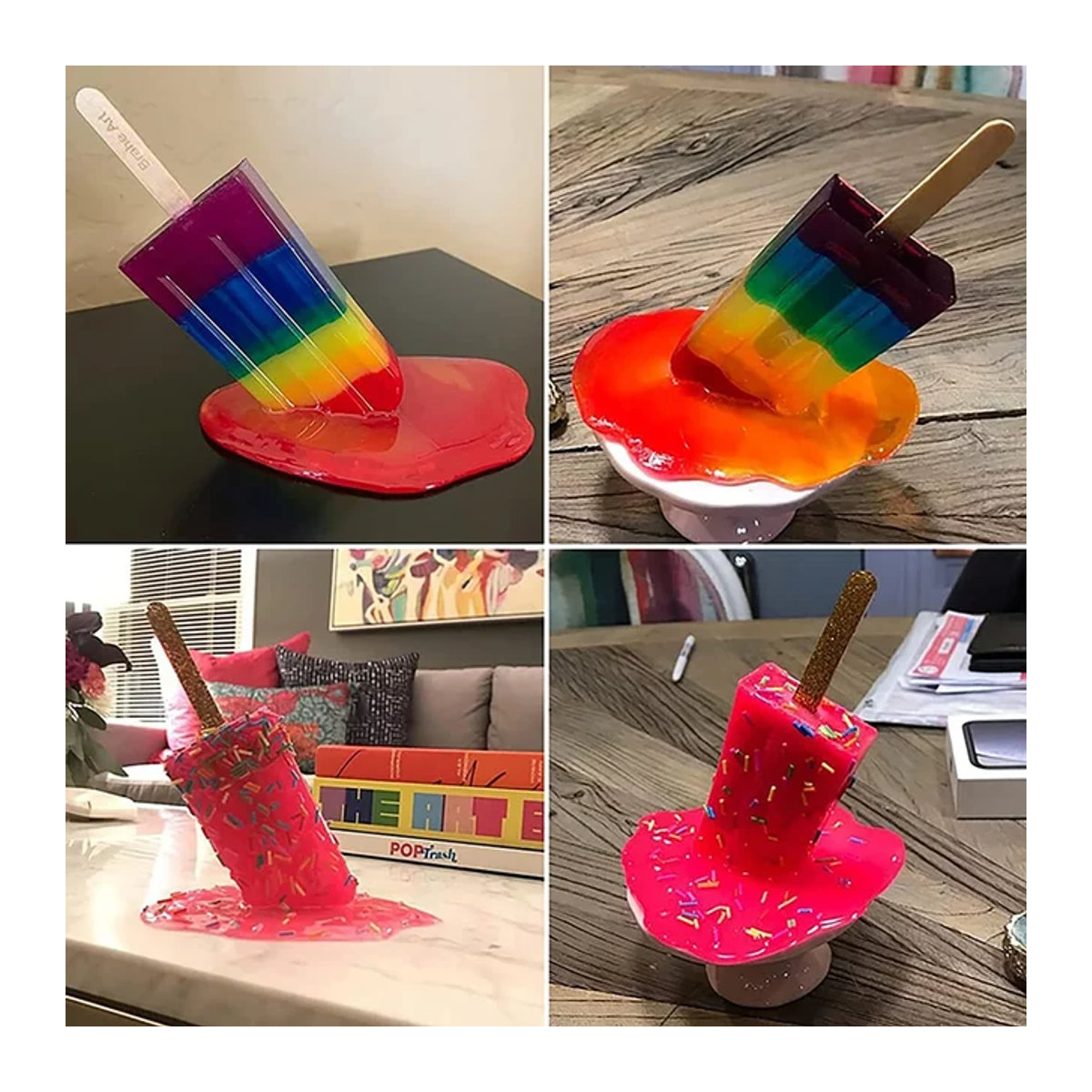 VKTECH Deko-Skulptur Schmelzendes Eis am Stiel aus Kunstharz in Weiß und Mehrfarbig - Bild 1