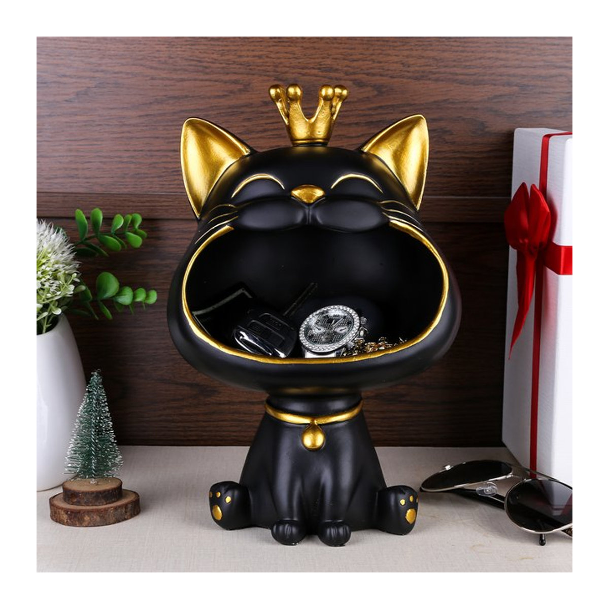 VKTECH Dekorationsbox Katze aus Kunstharz als Aufbewahrung für Süßigkeiten und Kleinigkeiten in Schwarz oder Weiß - Bild 1