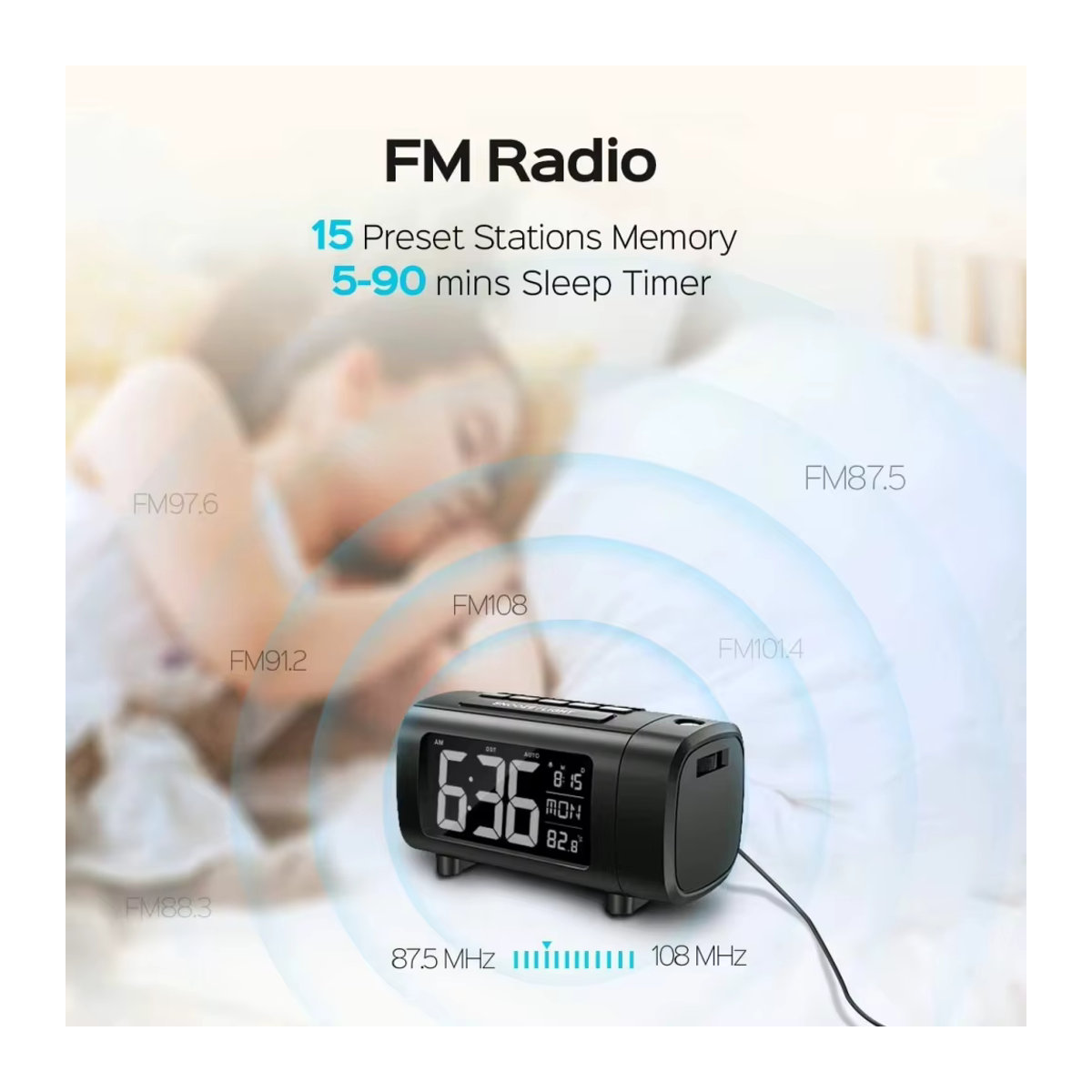 VOCOO Digitaler Projektionswecker mit Radio Funktion und Snooze Modus in Schwarz - Bild 5