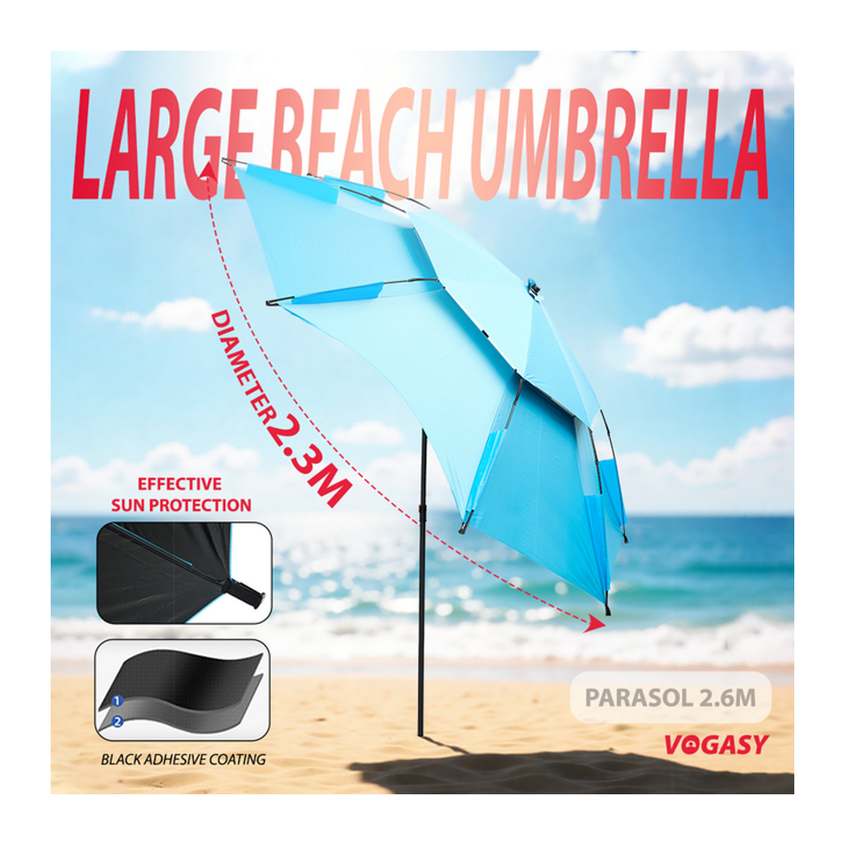 VOGASY Wasserdichter Sonnenschirm mit UV-Schutz für Strand, Camping und Angeln - Bild 1