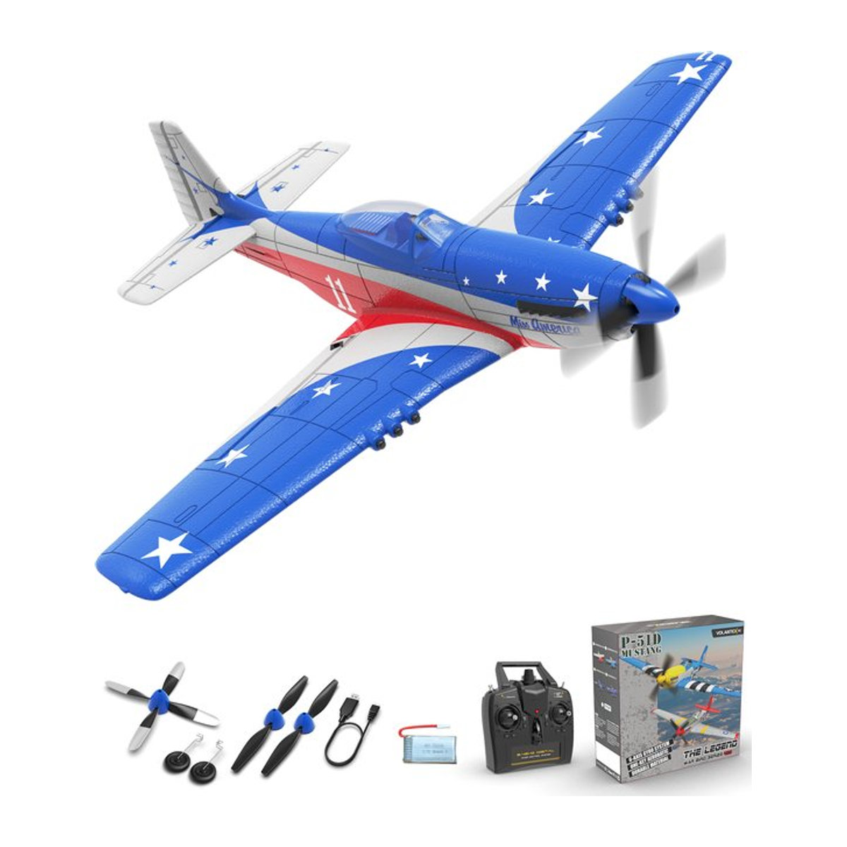 Volantex P51D Mustang RC Flugzeug 2,4 GHz 4CH RTF Warbird mit One-Key-Kunstflug, mehrfarbig, Spannweite: 400 mm - Bild 1