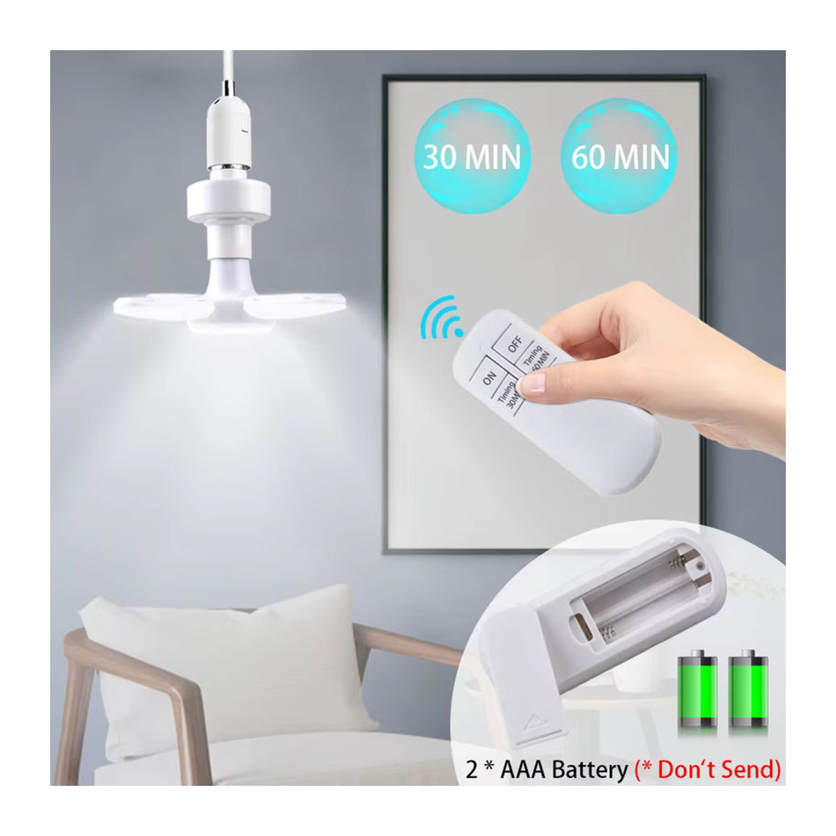 VooVoo Faltbare LED-Ventilatorlampe mit E27 Sockel, 28W, Weiß, Modern mit Fernbedienung und Timing-Funktion - Bild 2