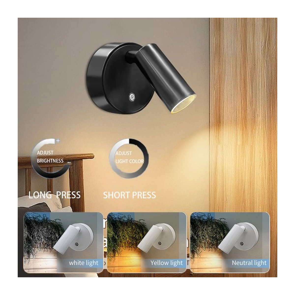 VooVoo LED-Nachtlicht in Schwarz mit Touch-Schalter und 3 Lichtfarben, USB wiederaufladbare moderne Wandleuchte für dein Schlafzimmer - Bild 1