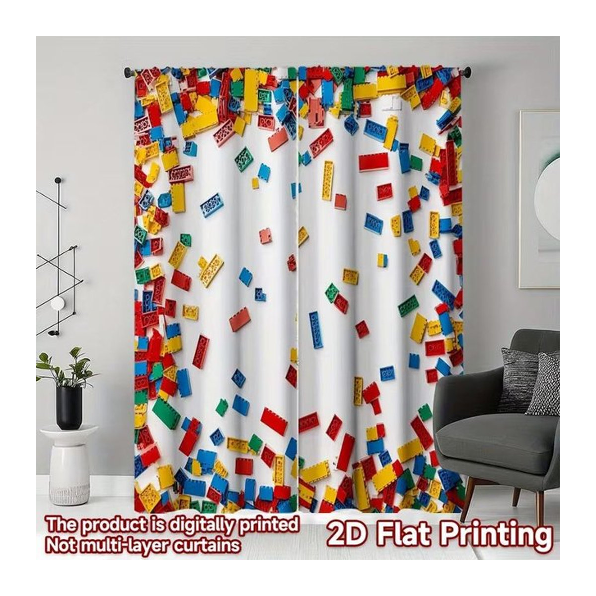 Vorhang-Set mit buntem Bauklötze-Aufdruck aus Polyester für Wohnzimmer, Schlafzimmer oder Küche, 2er-Set, Breite: 100 cm, Höhe: 70 cm - Bild 1