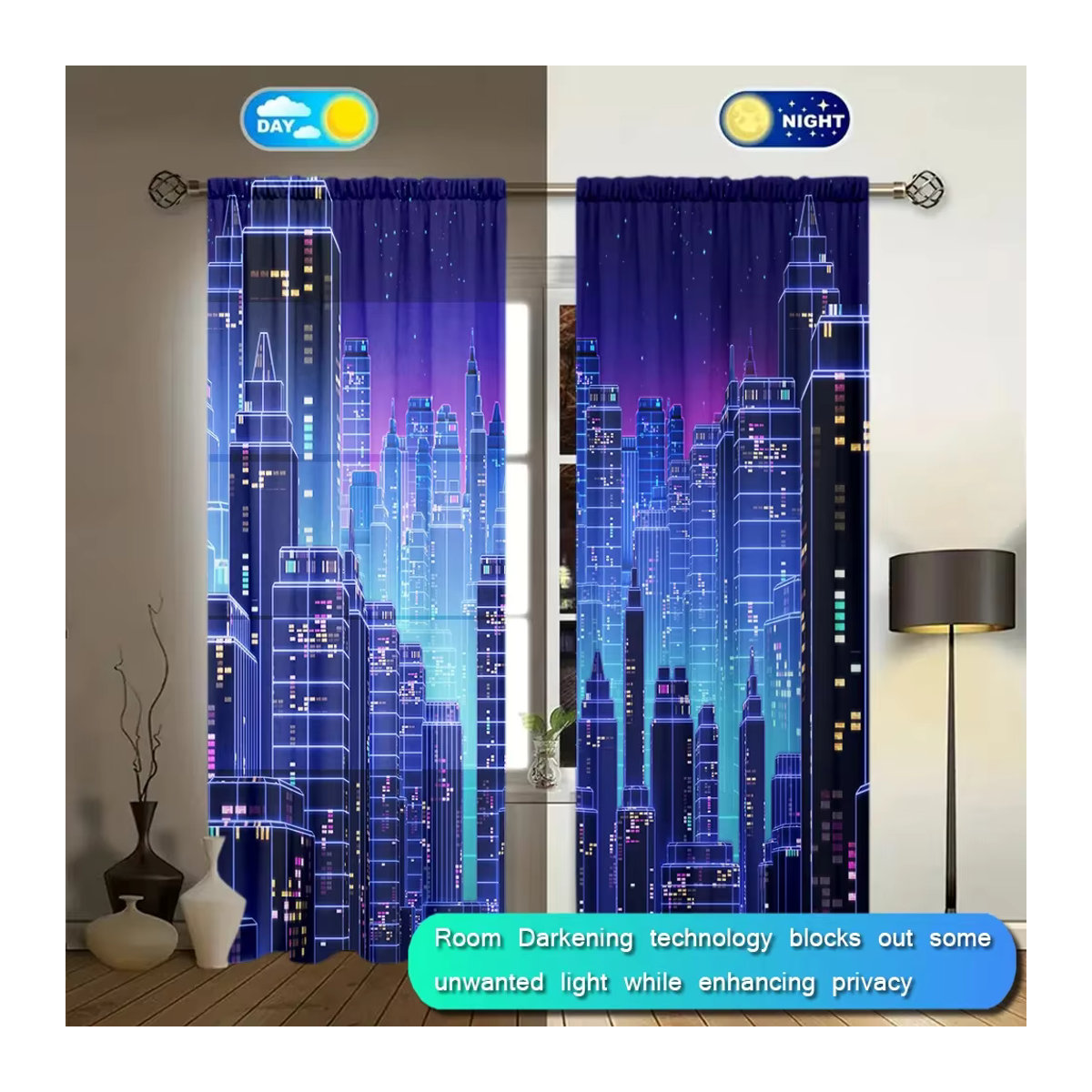 VOZMIO 2er-Set Vorhang mit Neon-Stadt-Print in Blau für Wohnzimmer, Schlafzimmer und Büro - Bild 2