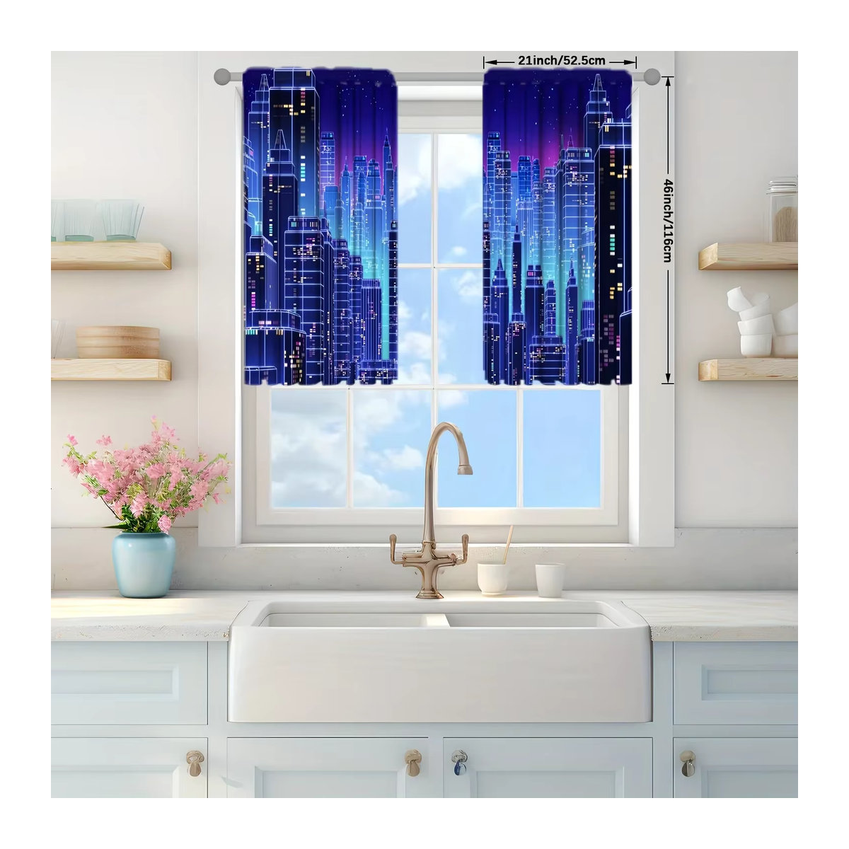 VOZMIO 2er-Set Vorhang mit Neon-Stadt-Print in Blau für Wohnzimmer, Schlafzimmer und Büro - Bild 3