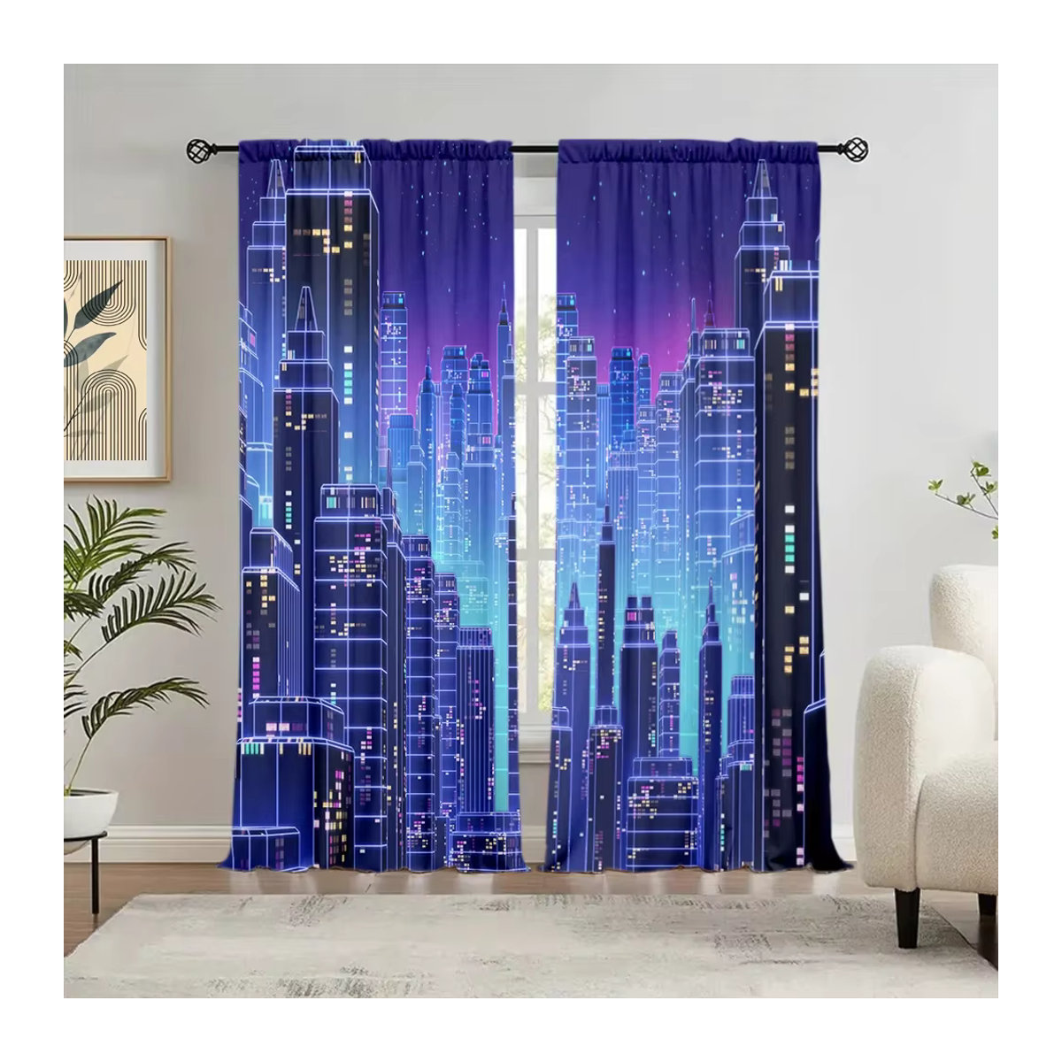 VOZMIO 2er-Set Vorhang mit Neon-Stadt-Print in Blau für Wohnzimmer, Schlafzimmer und Büro - Bild 4