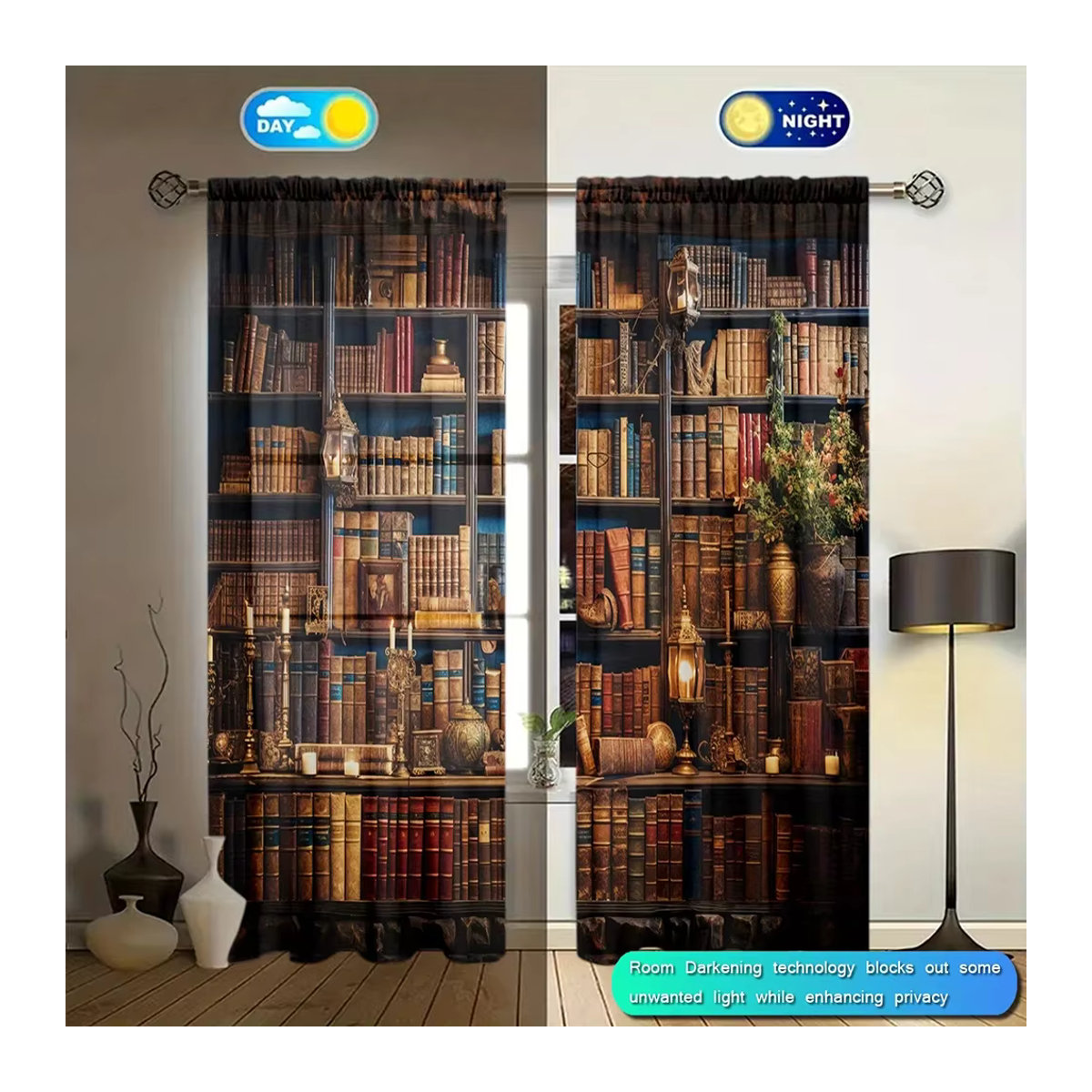 VOZMIO 2er Set Vorhänge mit Mittelalter-Bücherregal-Print, mehrfarbig, Fensterbehandlung mit Stangentasche für Wohnzimmer, Schlafzimmer, Büro oder Küche - Bild 2
