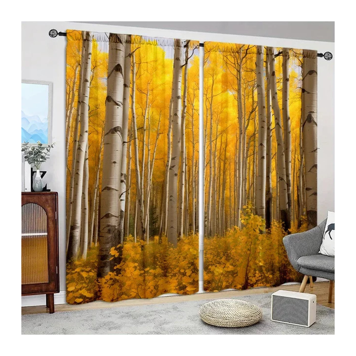 VOZMIO Vorhang Set mit Birken-Print in Gelb, 2 Stück Fensterbehandlung mit Stangentaschen für Wohnzimmer, Schlafzimmer und Büro - Bild 1