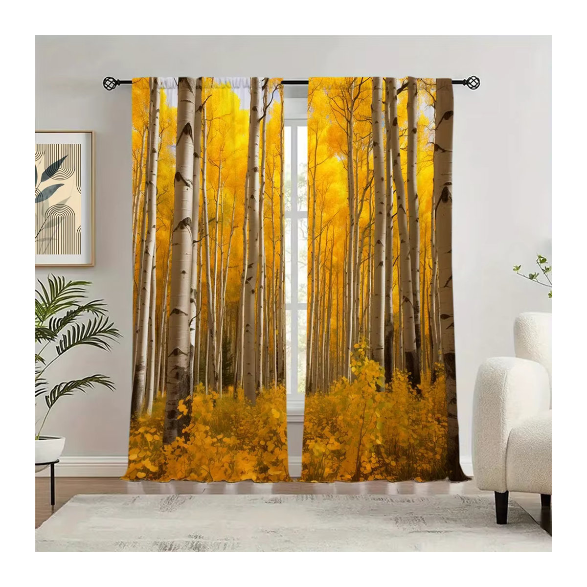 VOZMIO Vorhang Set mit Birken-Print in Gelb, 2 Stück Fensterbehandlung mit Stangentaschen für Wohnzimmer, Schlafzimmer und Büro - Bild 4