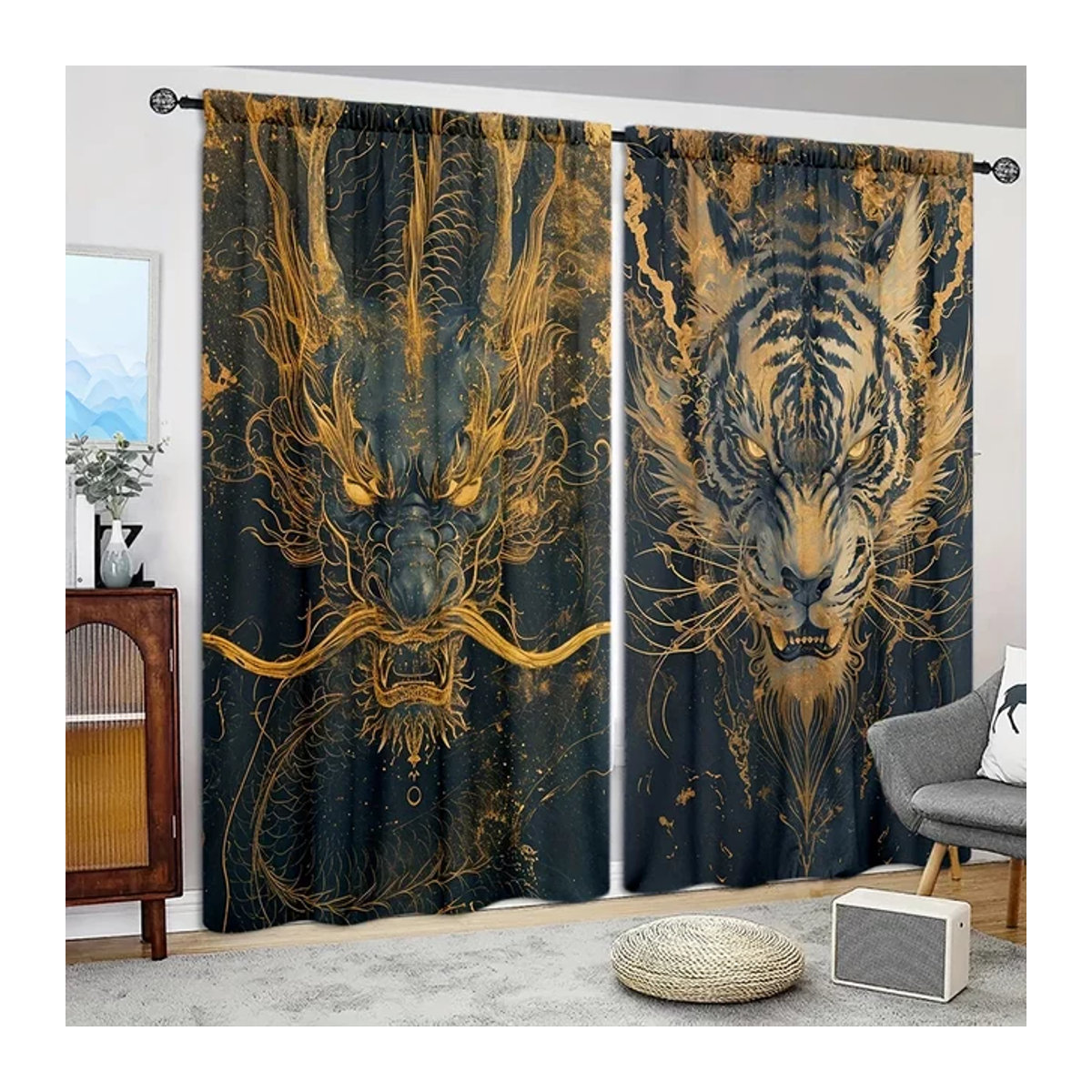 VOZMIO Vorhang Set mit Drachen-Tiger-Motiv in Mehrfarbig, Verdunkelungsvorhang für Schlafzimmer, Büro, Küche und Wohnzimmer, 2 Stück - Bild 1