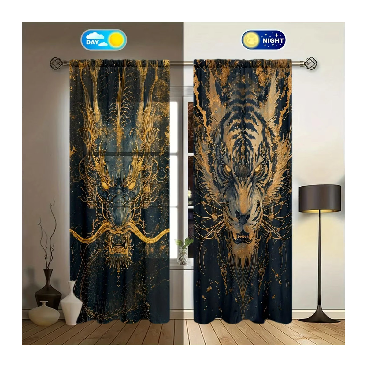 VOZMIO Vorhang Set mit Drachen-Tiger-Motiv in Mehrfarbig, Verdunkelungsvorhang für Schlafzimmer, Büro, Küche und Wohnzimmer, 2 Stück - Bild 2