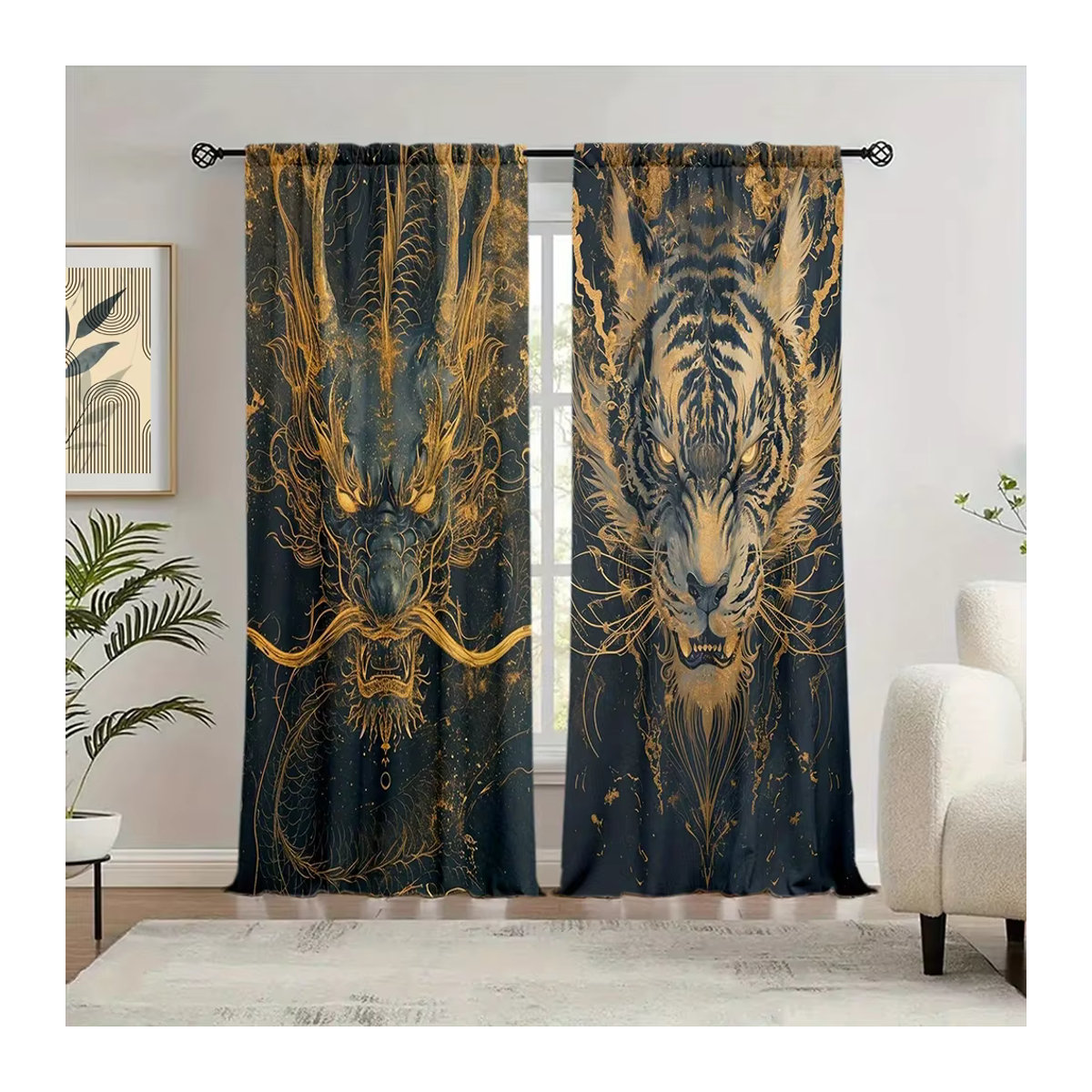VOZMIO Vorhang Set mit Drachen-Tiger-Motiv in Mehrfarbig, Verdunkelungsvorhang für Schlafzimmer, Büro, Küche und Wohnzimmer, 2 Stück - Bild 4