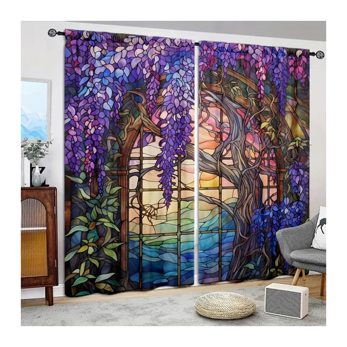 VOZMIO Vorhang Set mit Glyzinien-Blumenprint in Mehrfarbig, 2 Stück mit Stangentaschen für Wohnzimmer, Schlafzimmer und Küche - Bild 1