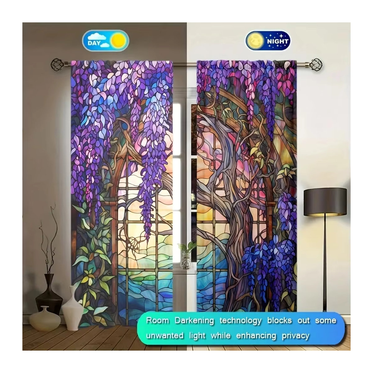 VOZMIO Vorhang Set mit Glyzinien-Blumenprint in Mehrfarbig, 2 Stück mit Stangentaschen für Wohnzimmer, Schlafzimmer und Küche - Bild 2