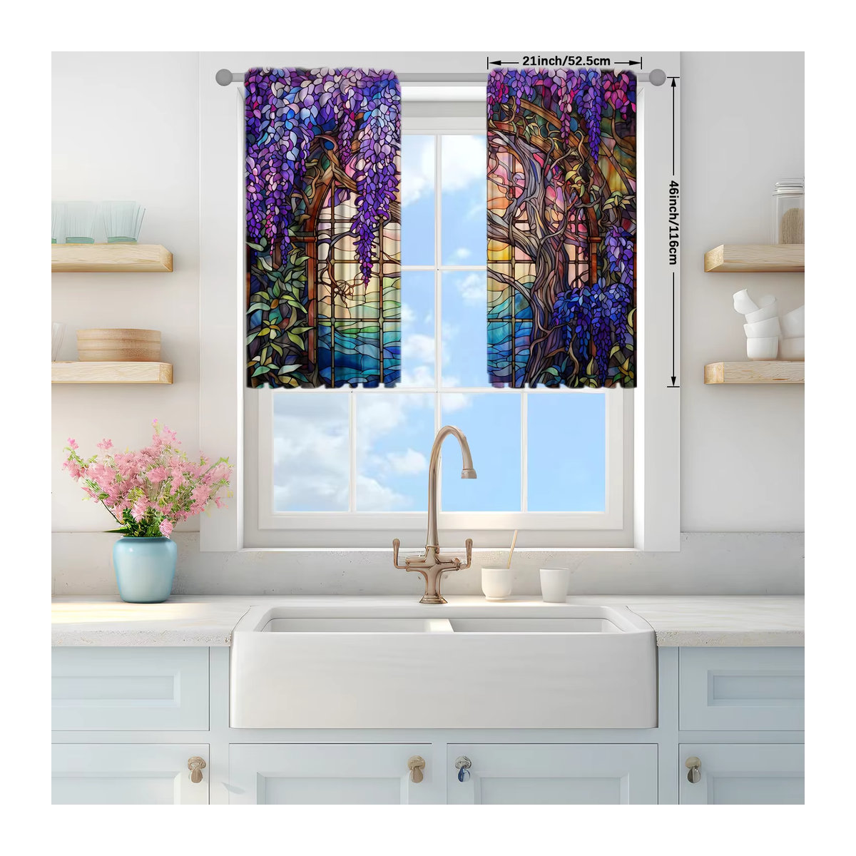 VOZMIO Vorhang Set mit Glyzinien-Blumenprint in Mehrfarbig, 2 Stück mit Stangentaschen für Wohnzimmer, Schlafzimmer und Küche - Bild 3