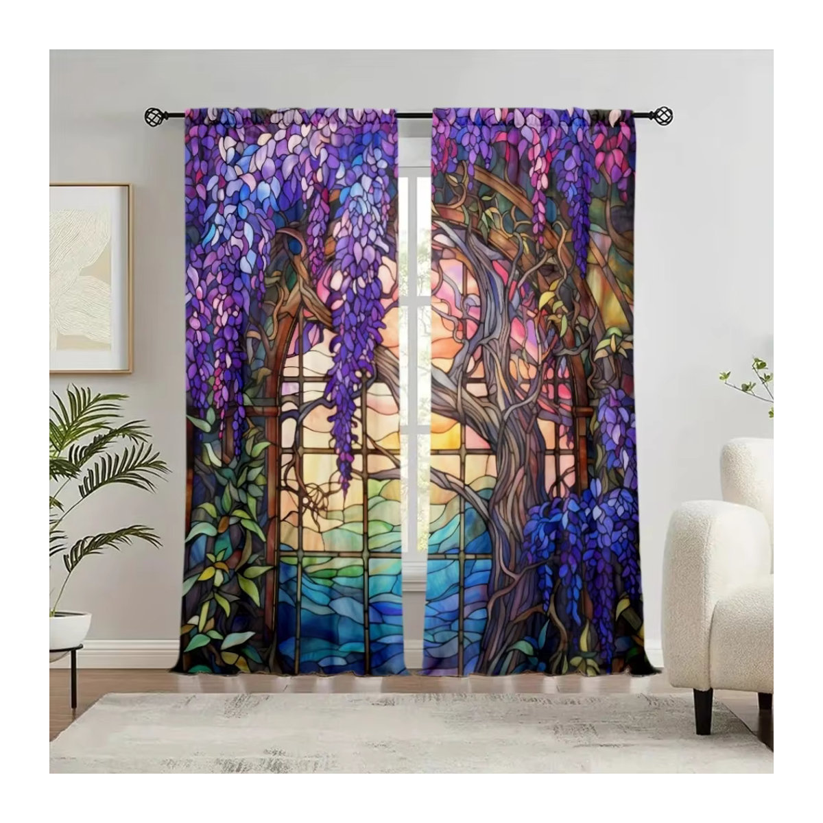 VOZMIO Vorhang Set mit Glyzinien-Blumenprint in Mehrfarbig, 2 Stück mit Stangentaschen für Wohnzimmer, Schlafzimmer und Küche - Bild 4