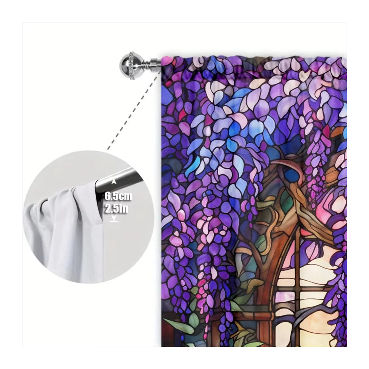 VOZMIO Vorhang Set mit Glyzinien-Blumenprint in Mehrfarbig, 2 Stück mit Stangentaschen für Wohnzimmer, Schlafzimmer und Küche - Bild 5
